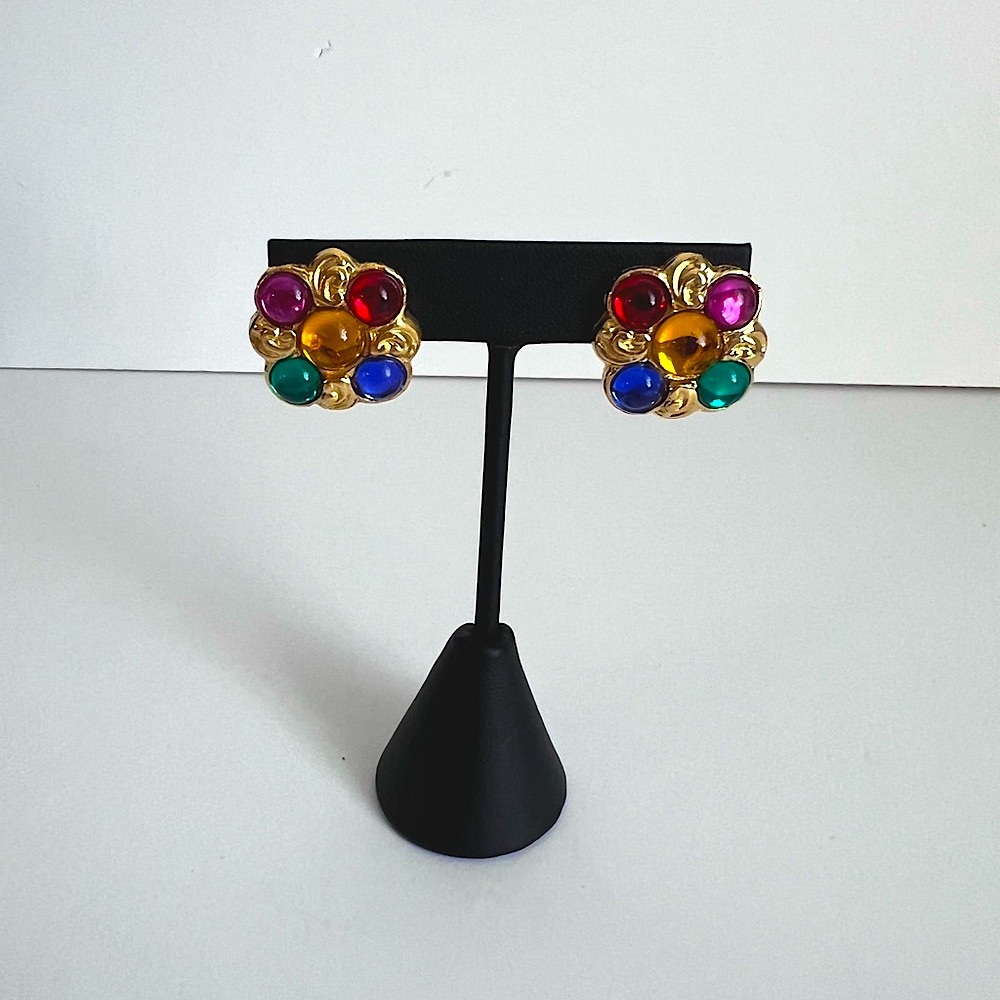 Multicolor Gripoix Cabochon Gold Swirl Flower Earrings